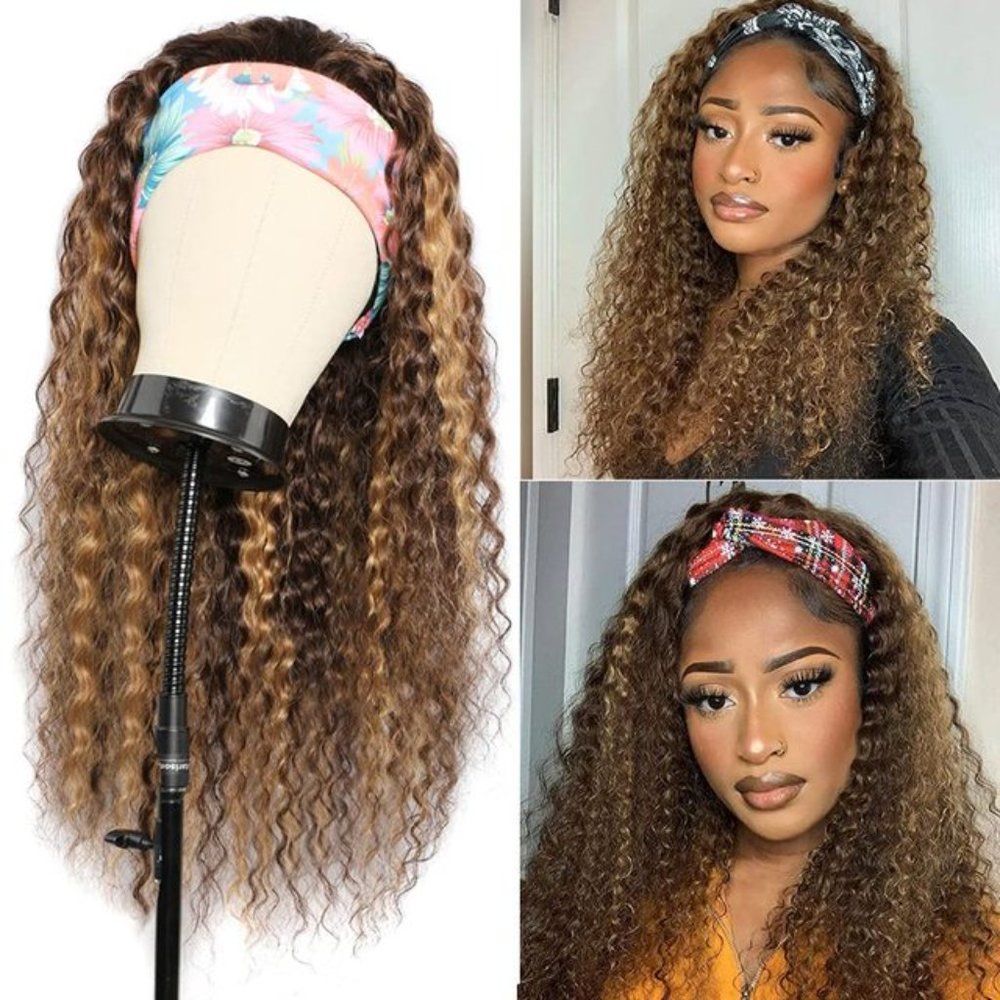 100% HH jerry curl highlighted headband wig